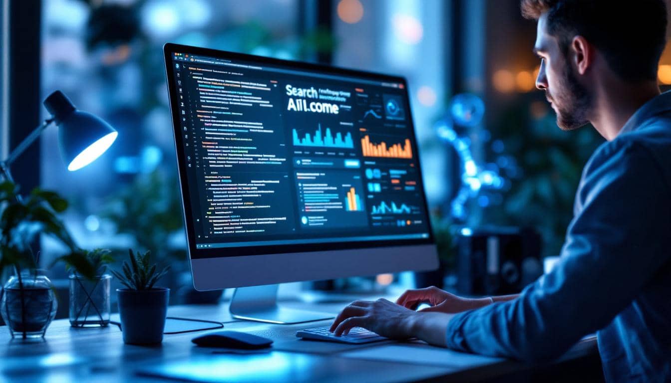 A photograph of a modern workspace featuring a person engaging with ai technology on a computer