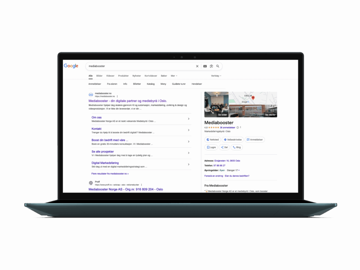 Demonstrasjon av topp- plassering på søkeord. Her vist at etter et Google- søk på byrået "Mediabooster". Havner alle søk og nettsiden til byrået på førsteplass i alle radene i søkertreffet.