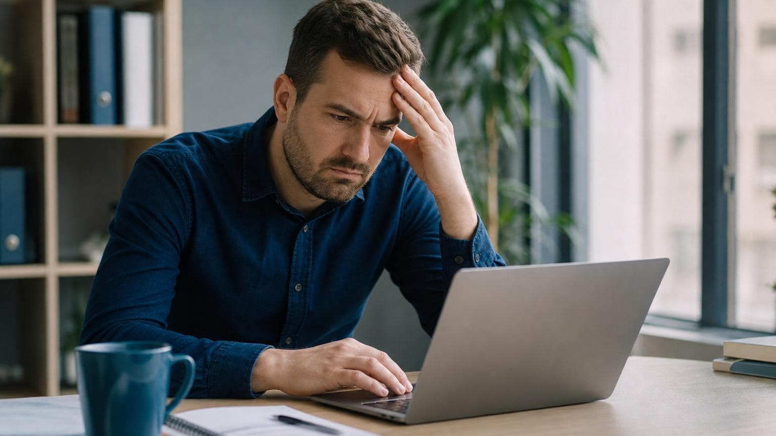 Markedsfører oppdager SEO-feil på laptop som påvirker trafikk og konverteringer, fokus på analyse og forbedring